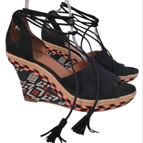 Cabi Isla Leather Suede Navy Blue Wedge Heels Espadrilles Sandals Wmns 7.5 Boho - Picture 1 of 14